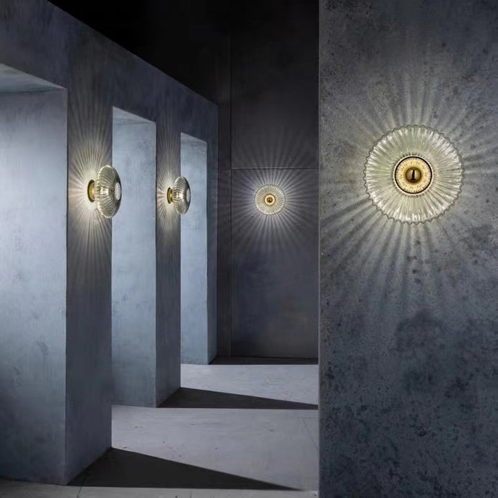 Contemporary Nordic Iron Striped Glass Round Disc 1-Light Wall Sconce Lamp for Living Room