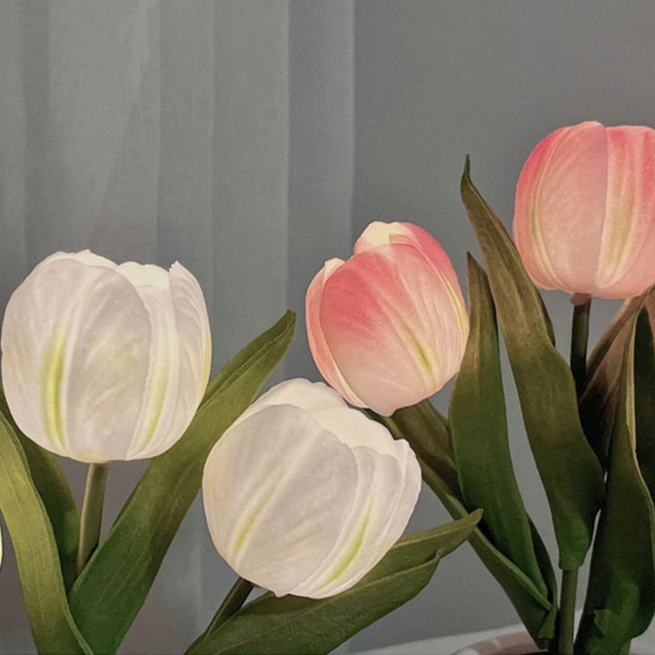 Tulipe Simulation Bouquet Pot de Fleur en Céramique Lampe de Table Lumière Nocturne LED 