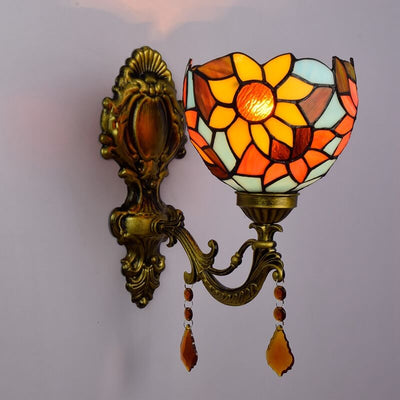 Vintage Tiffany Sunflower Stained Glass 1-Light Wall Sconce Lamp