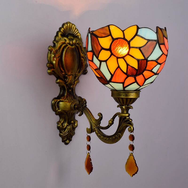 Vintage Tiffany Sunflower Stained Glass 1-Light Wall Sconce Lamp