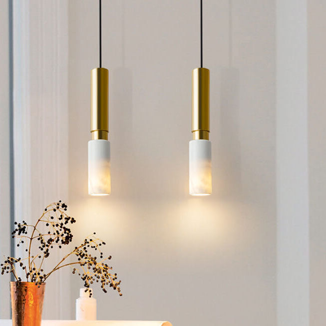 Contemporary Nordic Marble Terrazzo Column Metal 1-Light Pendant Light for Living Room