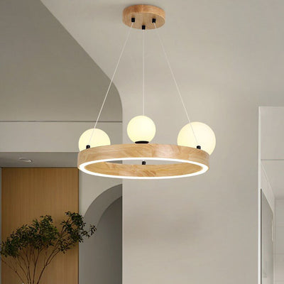 Nordic Minimalist Wood Circle Glass Ball 3/4 Light Chandelier