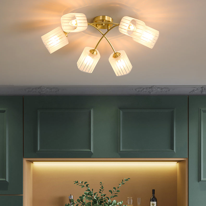 Traditionelle japanische mattierte quadratische Glas-Kupfer 6/8-Light Semi-Flush-Mount-Deckenleuchte für das Wohnzimmer 