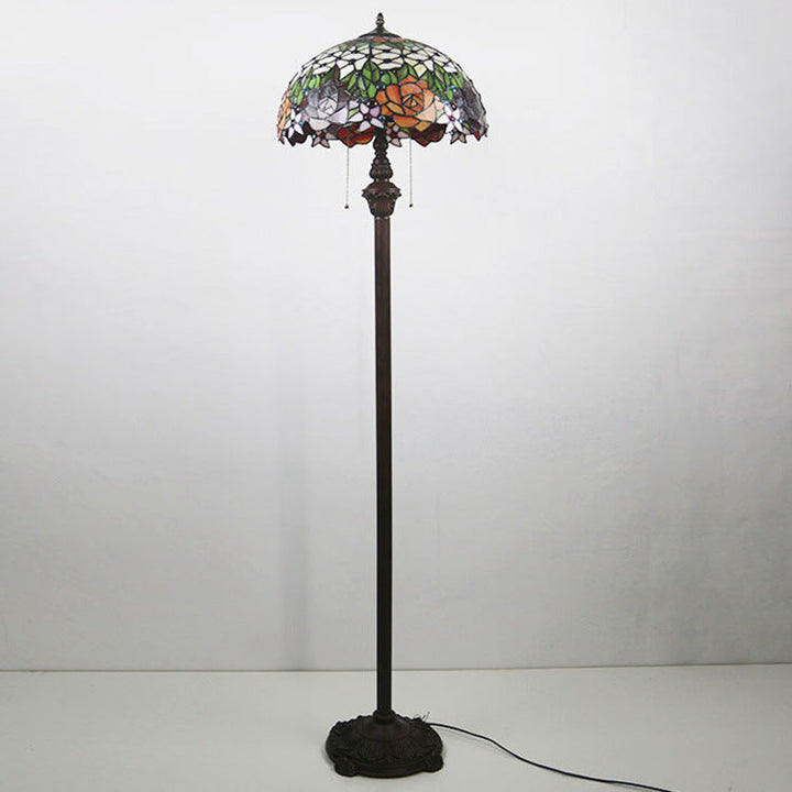 Lámpara de pie de dos luces con cúpula de flor de rosa de vidrio teñido tradicional Tiffany para dormitorio 