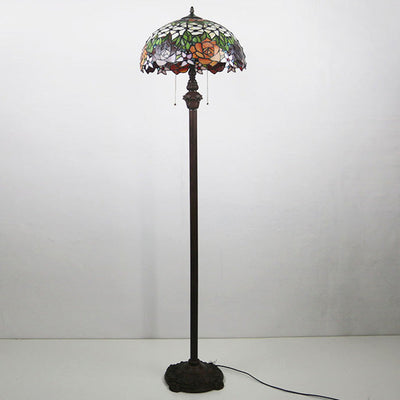 Traditional Tiffany Stained Glass Rose Flower Dome 2-Light Standing Floor Lamp For Bedroom