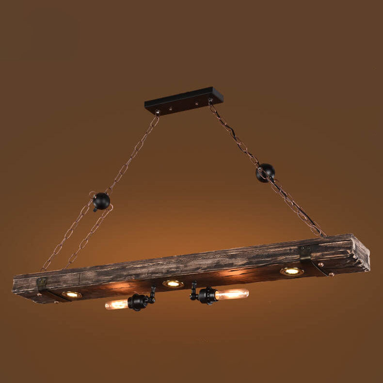 Lámpara de araña rectangular de madera y hierro industrial retro de 5 luces para isla 