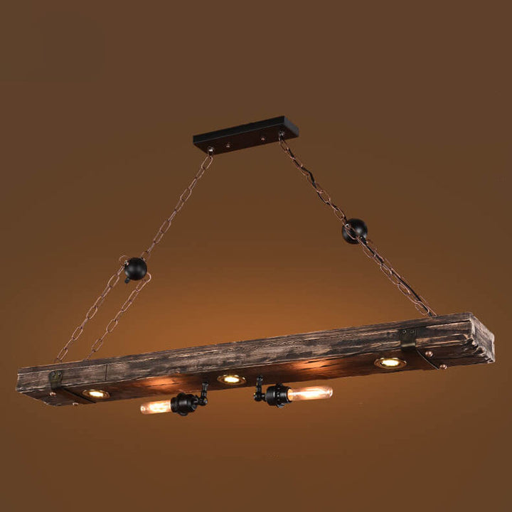 Lámpara de araña rectangular de madera y hierro industrial retro de 5 luces para isla 
