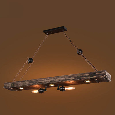 Retro Industrielle Rechteckige Holz Eisen 5-Licht Insel Licht Kronleuchter 