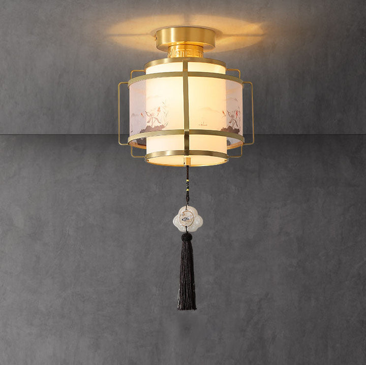 Modern Chinese Copper Fabric Round Tassel 1-Light Semi-Flush Mount Ceiling Light For Living Room