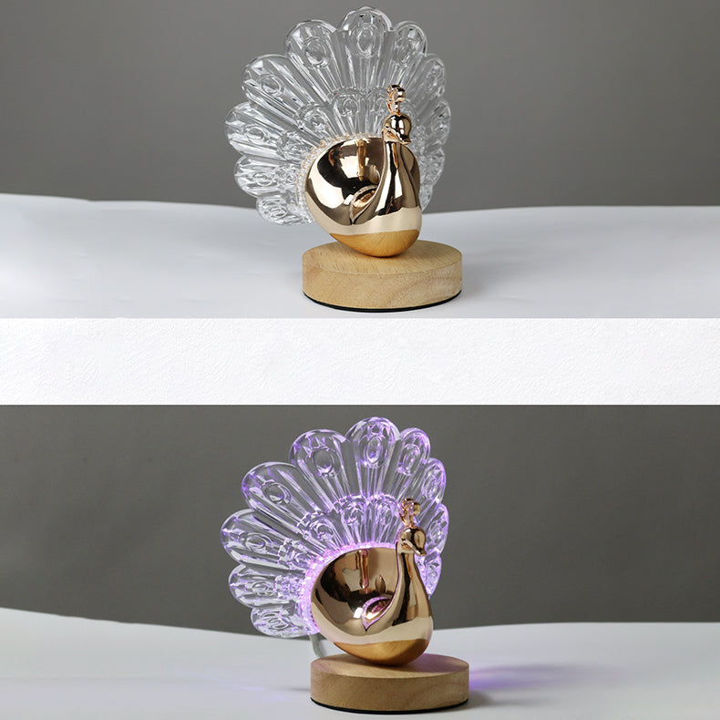 Zeitgenössische kreative Hardware Acryl Pfau Design LED Tischlampe für Schlafzimmer 