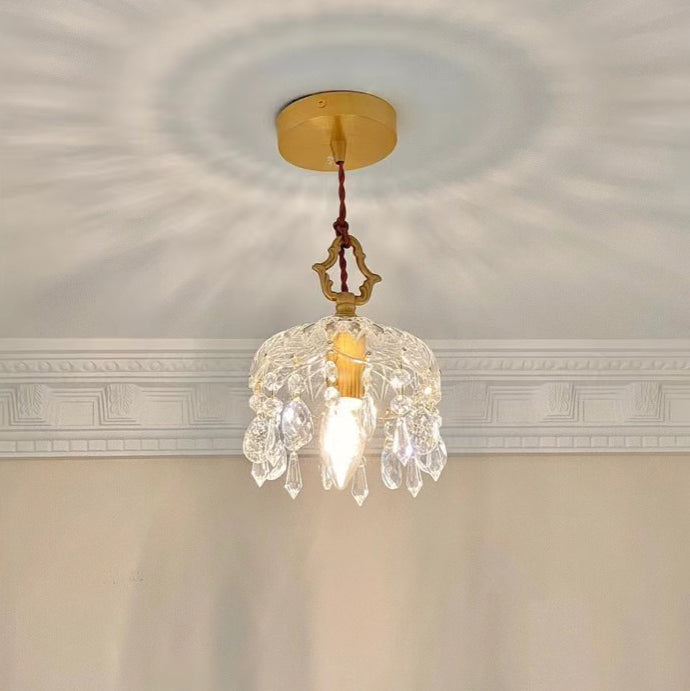 Modern Art Deco Brass Checkered Glass Shade Crystal Beads 1-Light Pendant Light For Living Room