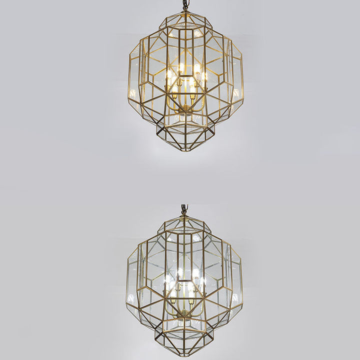 Modern Mid-Century Brass Finish Geometric Polygonal Frame Candelabra 6-Light Chandelier For Entryway