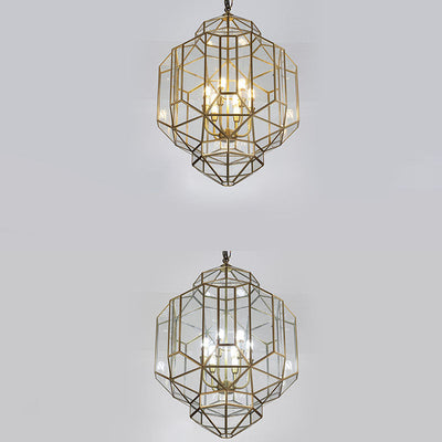 Moderne Mid-Century Messing-Finish Geometrische Polygonale Rahmen-Kandelaber 6-Licht Kronleuchter für den Eingangsbereich 