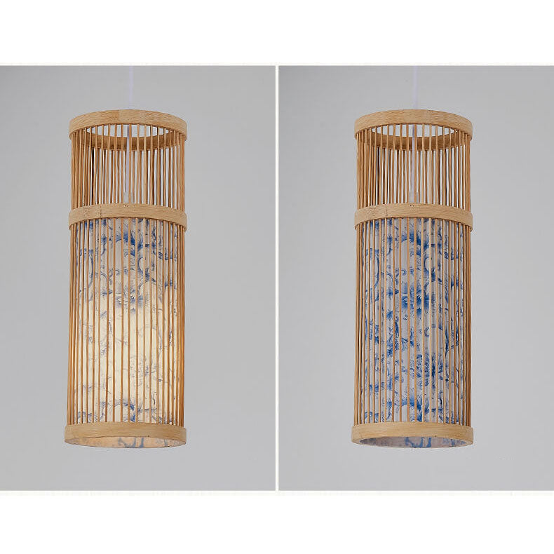 Modern Chinese Bamboo Weaving Long Cylinder 1-Light Pendant Light