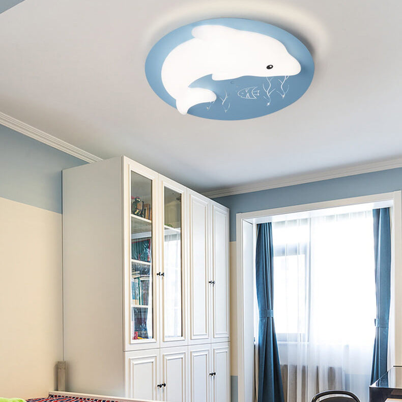 Cartoon Cute Dolphin Blue Disc LED Flush Mount Ceiling Light