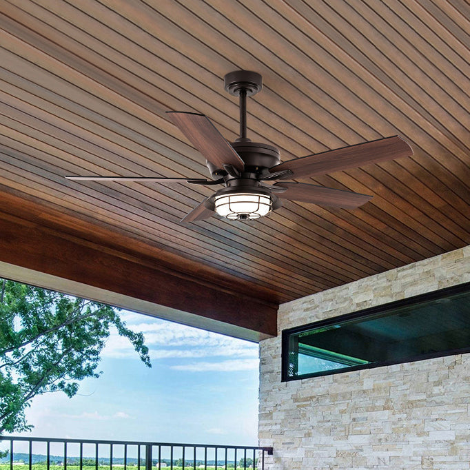 Zeitgenössische industrielle wasserdichte Holzventilatorflügel Runde Eisenrahmen Schatten LED Downrods Deckenventilator Licht für Außenterrasse 
