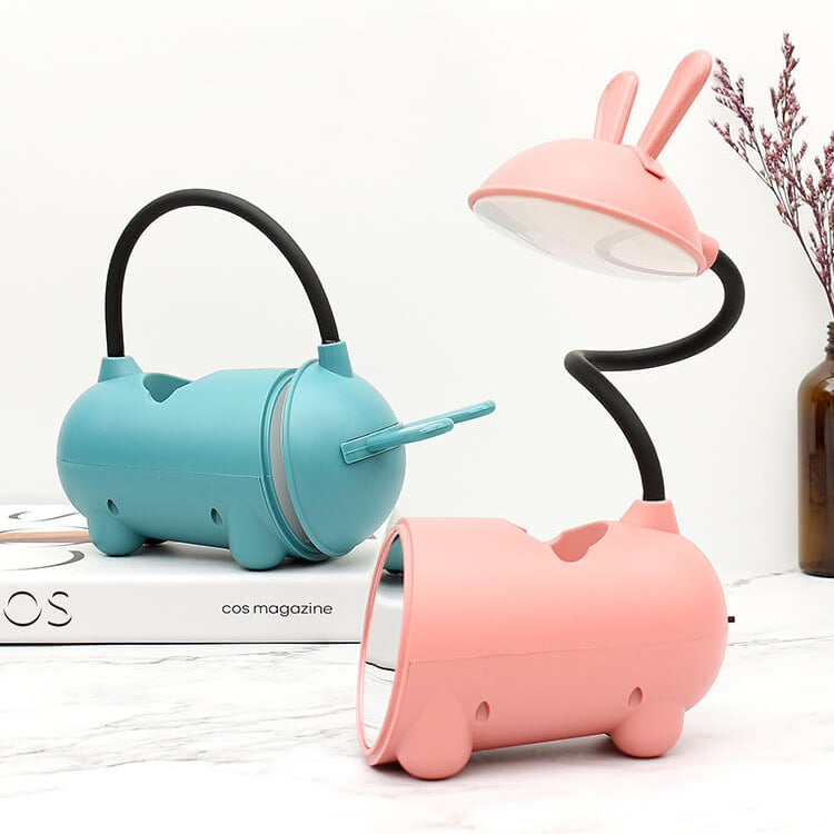 Lampe de bureau LED tactile USB avec porte-stylo et lapin créatif de dessin animé 