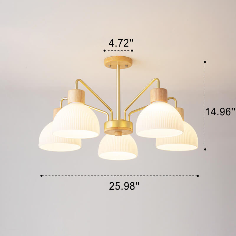 Nordischer Vintage-Kronleuchter aus Holz mit Glaskuppel und 3/5-Licht 