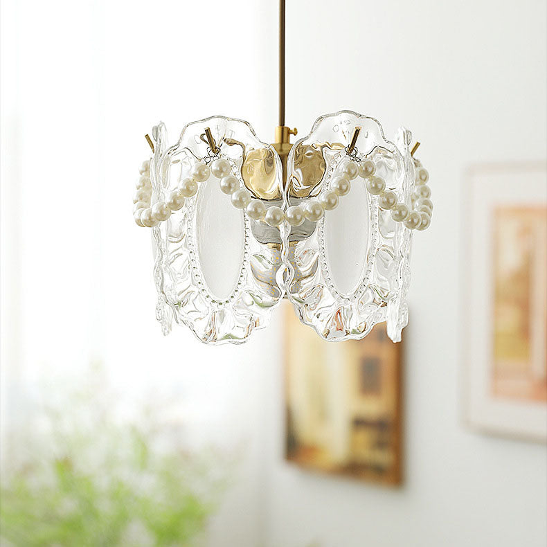 Traditional French Feather Pearl Petal Hardware Glass 1-Light Pendant Light For Bedroom