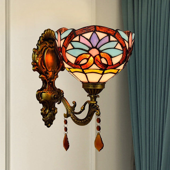 Traditionelle 1-flammige Tiffany-Wandleuchte im Barockstil aus Eisen mit Buntglas-Kristallglasschale für Wohnzimmer &amp; Schlafzimmer 