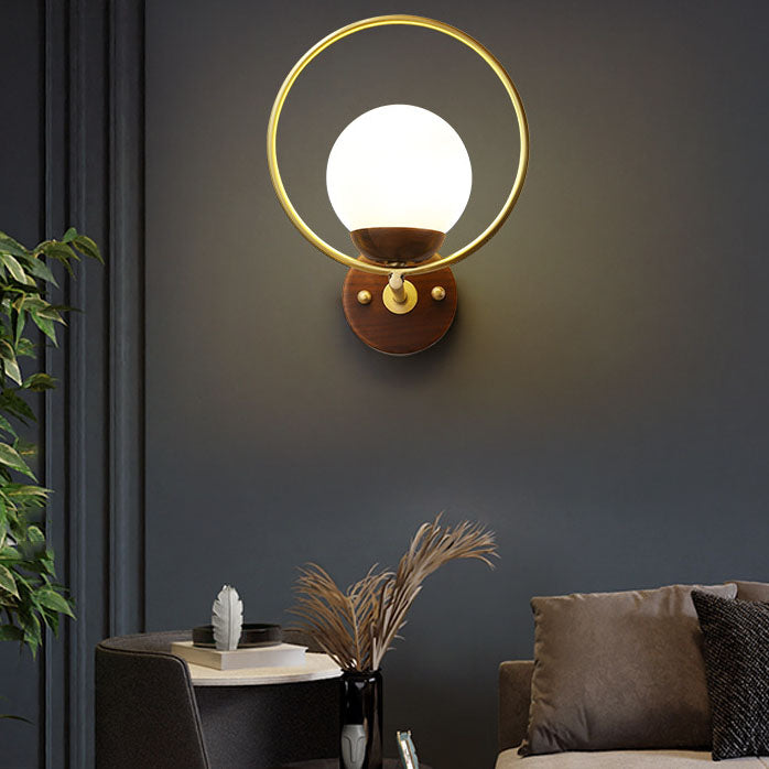Modern Chinese Walnut Glass Brass Round 1-Light Wall Sconce Lamp