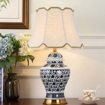 Traditional Chinese Vase Base Trapezoidal Ceramic Fabric 1-Light Table Lamp For Bedroom