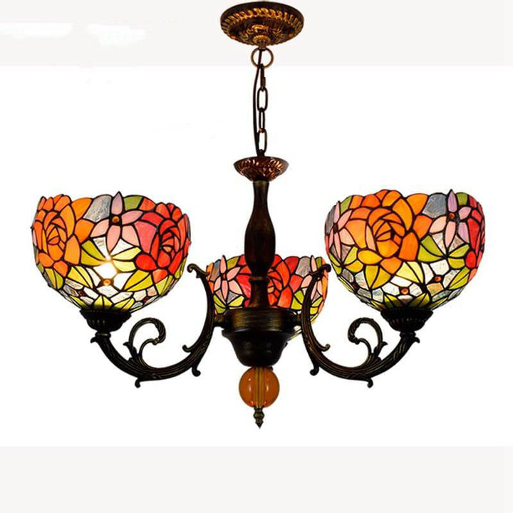 Europäischer Tiffany Prunkvolle Rose Buntglas 3-Licht Kronleuchter 