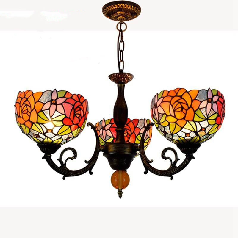 European Tiffany Showy Rose Stained Glass 3-Light Chandelier