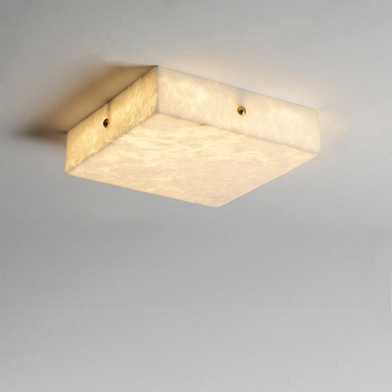 Traditional Chinese Square Marble Shade Copper LED Flush Mount Ceiling Light For Living Room