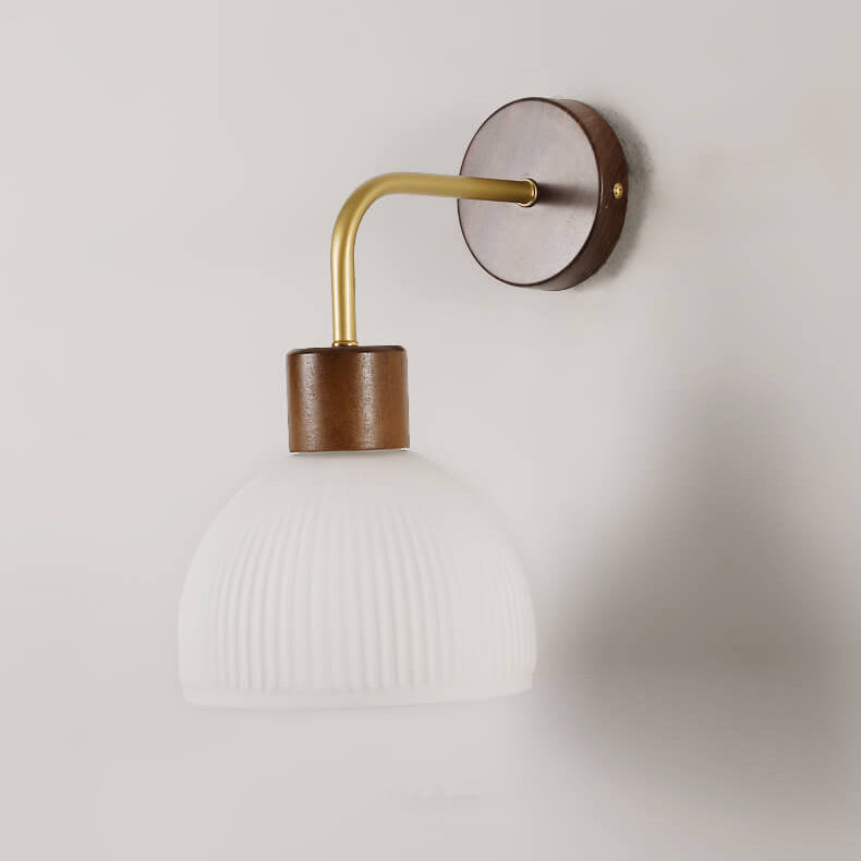 Applique Murale à 1 Lumière avec Dôme en Verre Rayé et Noyer Japonais 