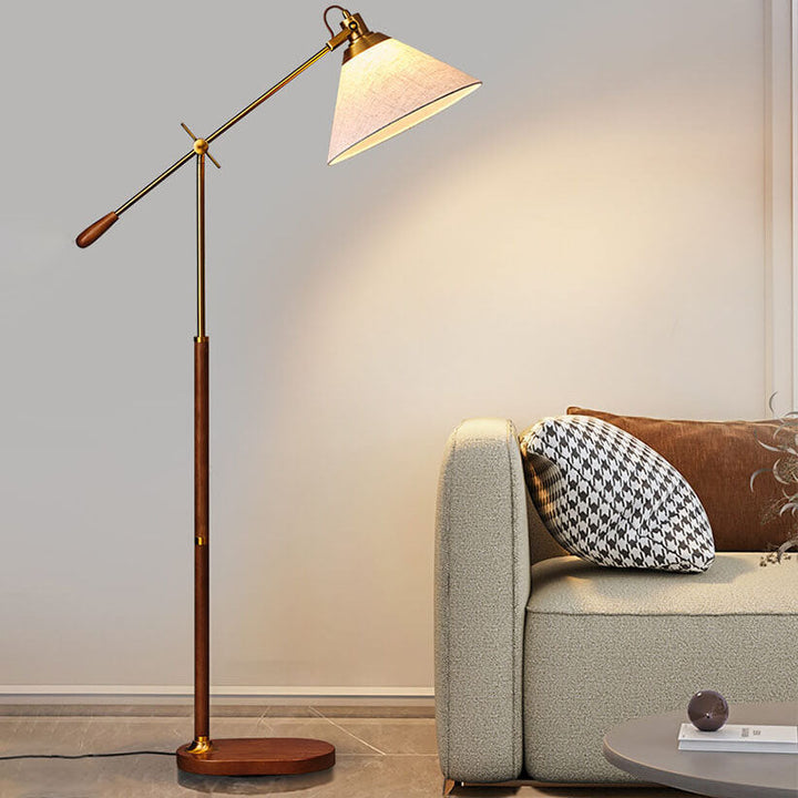 Traditional Vintage Fabric Cone Metal Ash Wood 1-Light Standing Floor Lamp For Bedroom