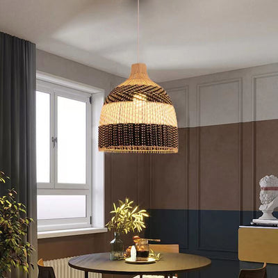 Modern Rattan Bamboo Black and White Dome 3-Light Chandelier