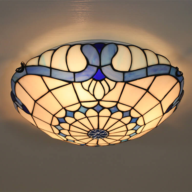 Tiffany Vintage Round Gemstone Stained Glass 3/4 Light Flush Mount Ceiling Light