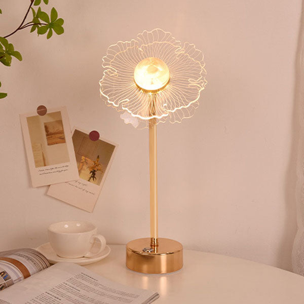 Moderne minimalistische LED-Tischlampe aus Acryl mit Blumen- und Schmetterlingsmotiv in Gold für das Schlafzimmer 
