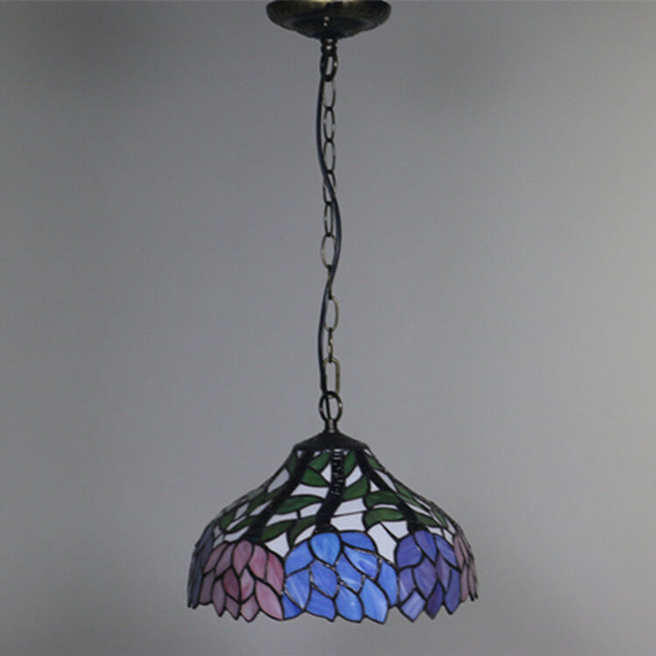 Vintage Tiffany Blossom Blume Glasmalerei Kuppel 1-Licht Pendelleuchte