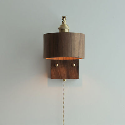 Vintage Japanese Walnut Round 1-Light Pull Cord Rotating Wall Sconce Lamp