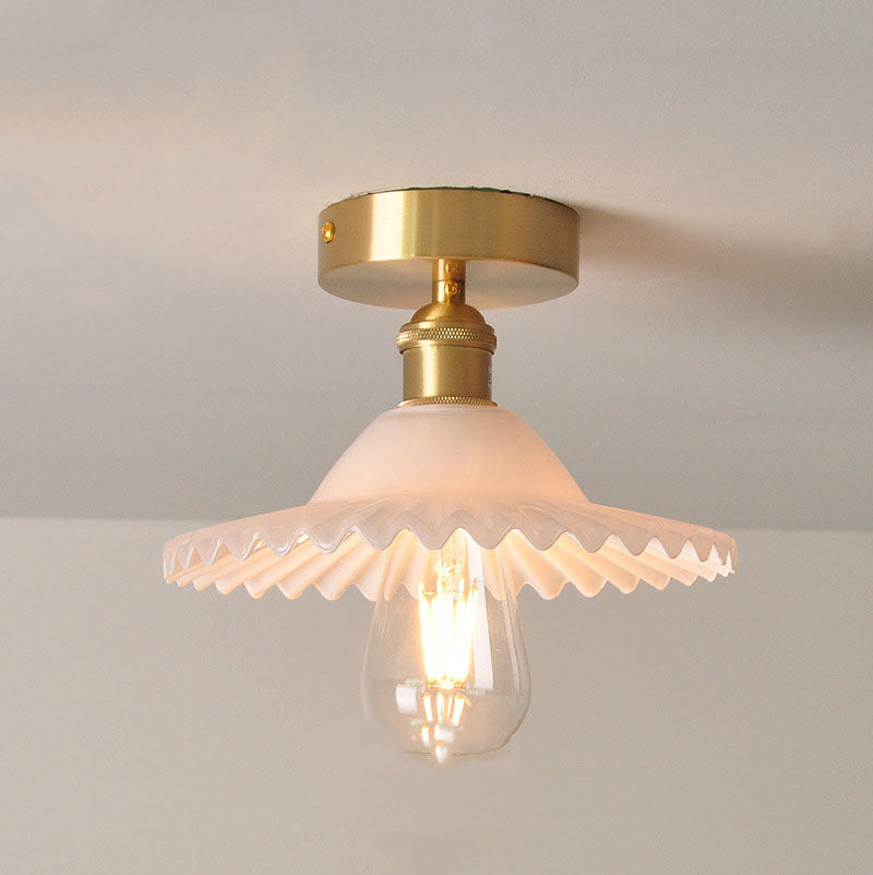 Traditionelle halb eingelassene 1-flammige Vintage-Deckenleuchte aus Glas und Eisen im Lotus-Design 