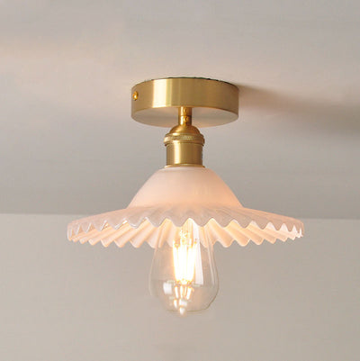 Japanese Vintage Glass Brass Lotus 1-Light Semi-Flush Mount Ceiling Light