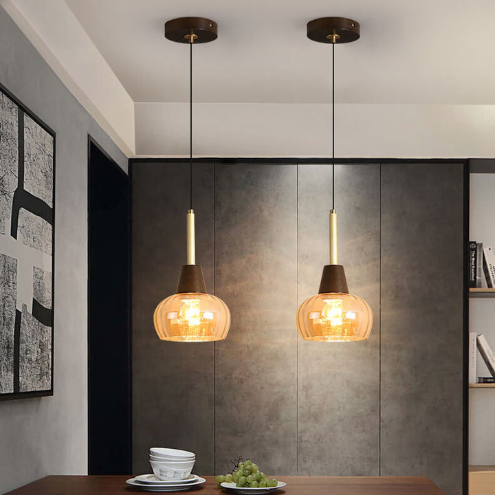 Zeitgenössischer Retro-Holzrahmen-Glasbecher-Schirm 1/3-Licht-Insel-Licht-Kronleuchter für Wohnzimmer 