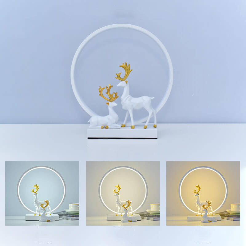 Lámpara de mesa LED de noche con enchufe USB, círculo de hierro y acrílico con ciervo, estilo nórdico contemporáneo, para dormitorio 