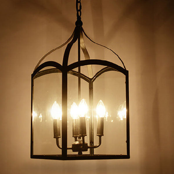 Lámpara de araña contemporánea industrial de 4 luces con jaula cuadrada de hierro y vidrio para salón 