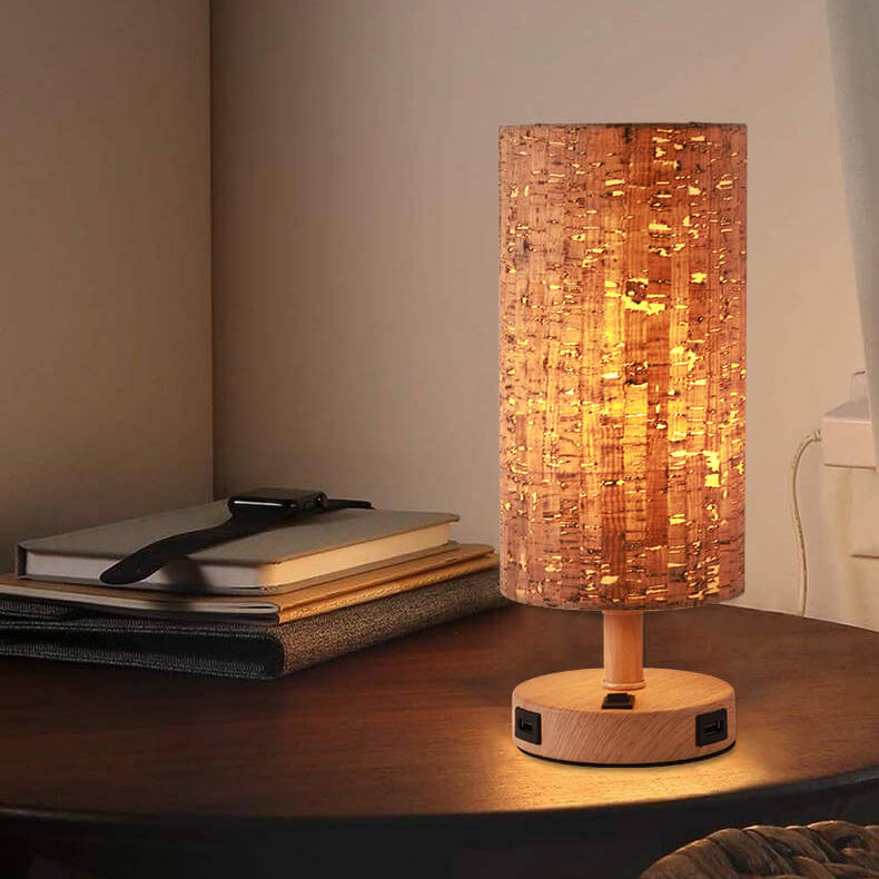 Moderne Tischlampe mit Holzmaserung Stoffschirm 1-Licht 