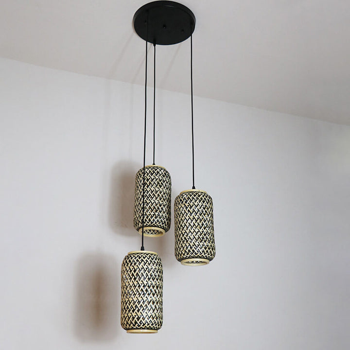 Lámpara colgante lineal de 3 luces con columna de bambú y hierro, estilo moderno minimalista, para comedor 
