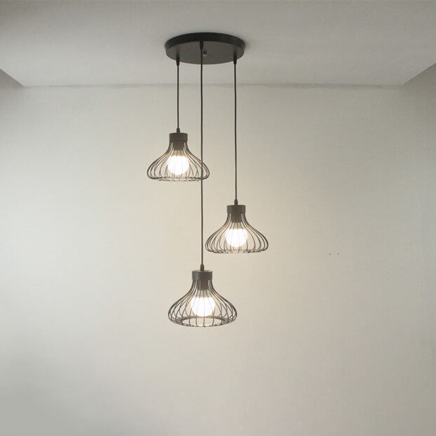 Zeitgenössischer industrieller Eisen-Schwarzer ovaler, hohler Käfig-1/3-Licht-Insel-Licht-Kronleuchter für das Wohnzimmer 