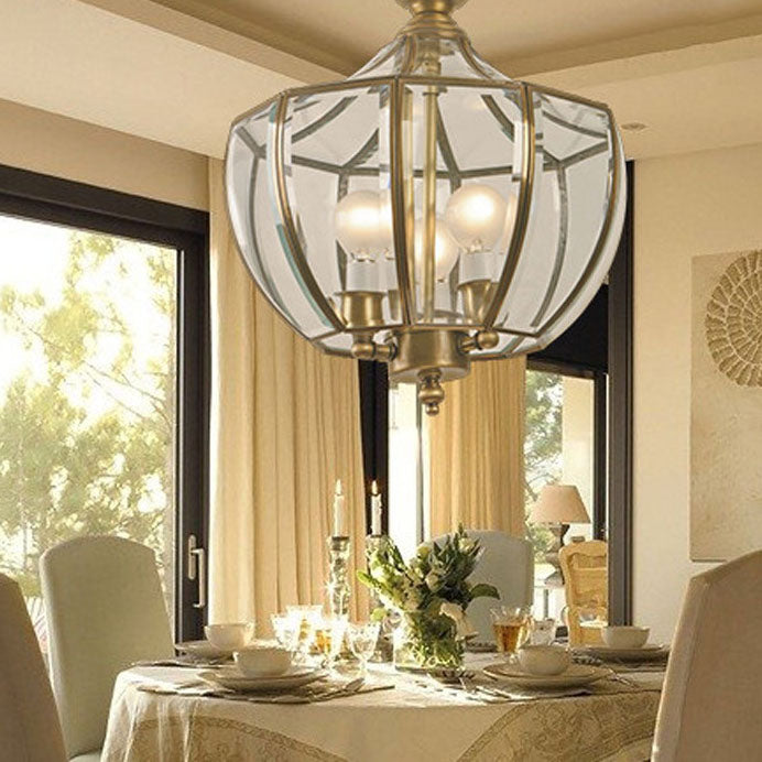 Traditional European H65 Brass Glass Cage 3-Light Chandelier For Living Room & Dining Room
