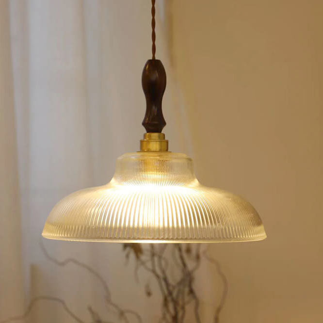 Traditionelle Vintage-Pendelleuchte mit Glas-Blumenschirm, Messing und Walnussholz, 1-flammig, für das Wohnzimmer 