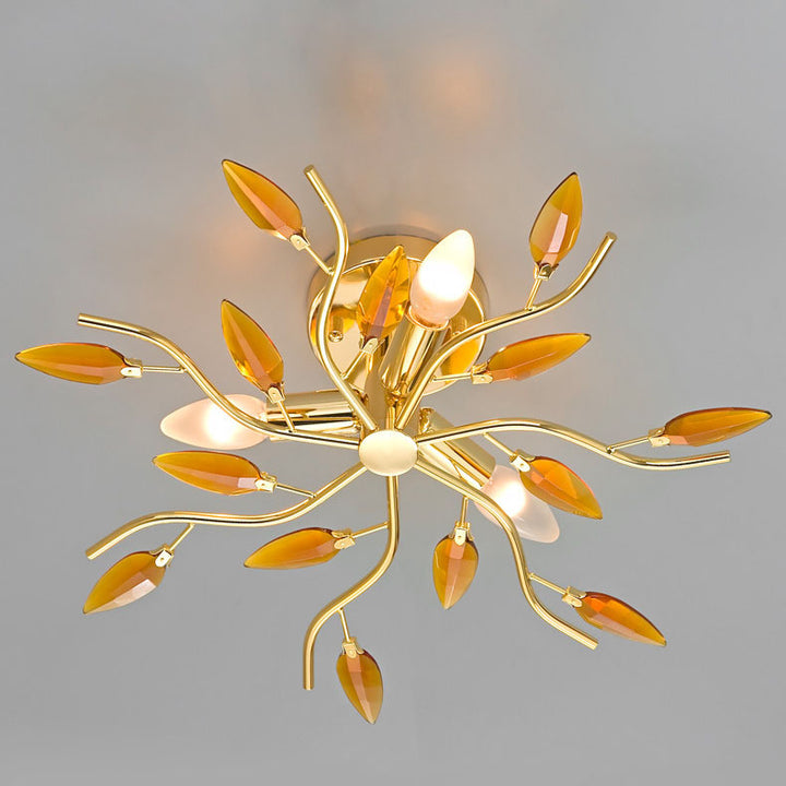 Modern  Luxury Leaves Iron Glass 3-Light Semi-Flush Mount Ceiling Light for Living Room