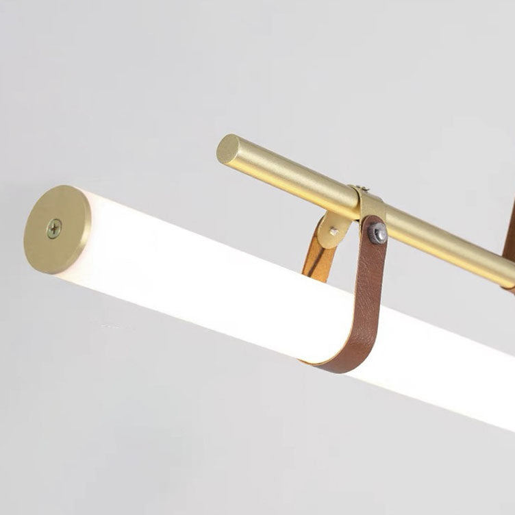 Moderner minimalistischer langer Streifen aus Eisen, Acryl und Kunstleder, LED-Insel-Leuchter für Wohnzimmer und Esszimmer 