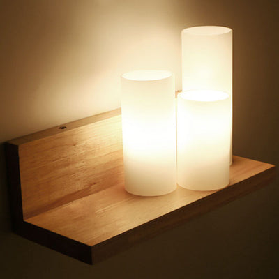 Japanese Minimalist Cylindrical Wooden Glass 1-Light Wall Sconce Lamp