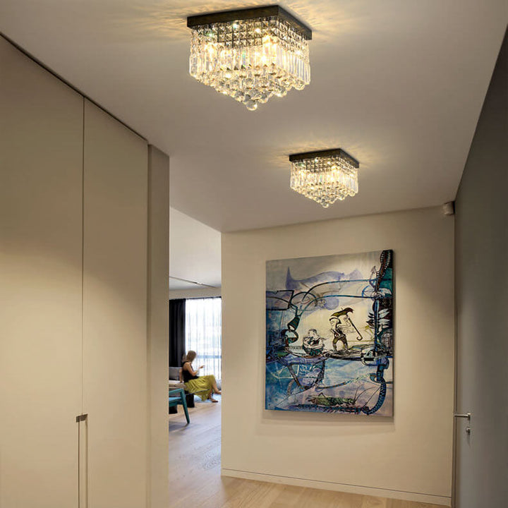 Traditional European Square Crystal Beaded Curtain 4-Light Flush Mount Ceiling Light For Living Room